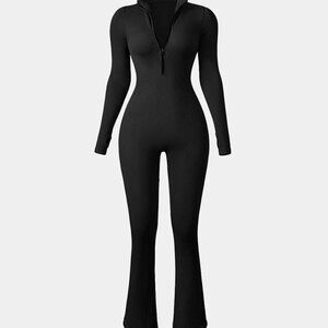 OQQ Ribbed Zip-Front Bell Bottom Jumpsuit Size XL | NWOT | Seamless & Stretchy F